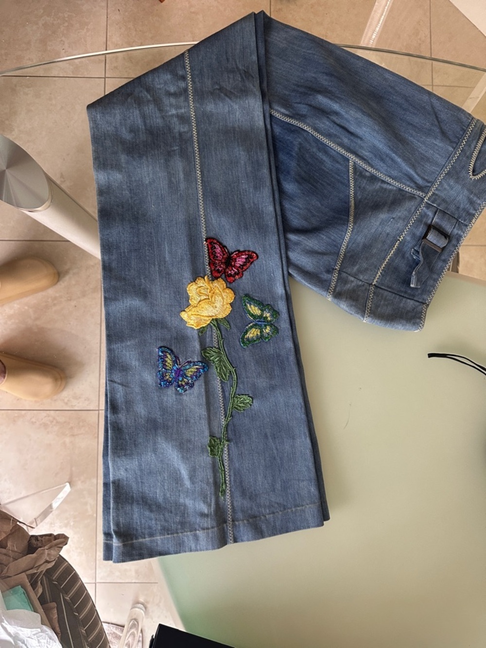 LK NEW 70s Faded Glory Wide Leg Jeans Embroidered / Sequined 🦋 & 💐 - Picture 2 of 15